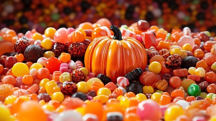 Craft a realistic, mouth-watering pile of assorted Halloween candies arranged in a captivating display, inviting viewers to indulge in the sweet magic of the season