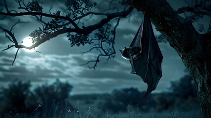 Vampire Bat Overlooking Spooky Savannah Under Full Moon s Glow