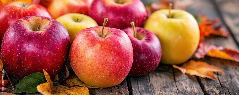 Wall mural a rustic display of heirloom apples in a variety of colors and shapes