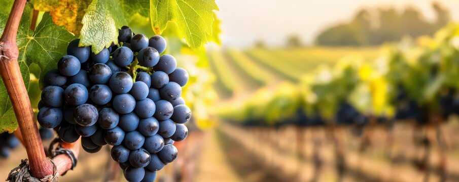 A vineyard in autumn, with rows of grapevines heavy with fruit, ready for harvest, Grape Varieties in Autumn, focusing on the peak growth period for wine grapes