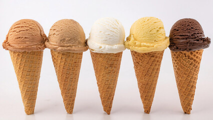 Line of Five Vanilla and Chocolate Ice Cream Cones on a White Background