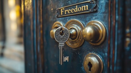 A key unlocking a door with the word "Freedom" written above it