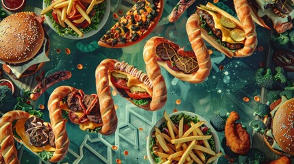 Obraz premium Intertwined DNA strands and different fast food items such as fries and burgers, with the background showing various dishes such as pizza and chicken wings on a dark green background