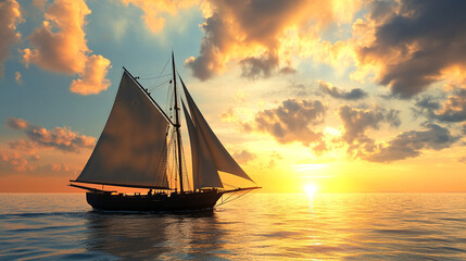 Fototapeta premium Majestic Sailboat Gliding on Golden Waters at Sunset.