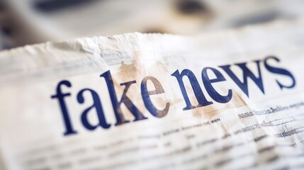 Obraz premium Newspaper print with bold 'fake news' headline on white background representing issues relating to media credibility and misinformation today