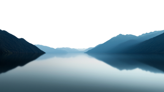 blue lake with reflection of mountains isolated on transparent background