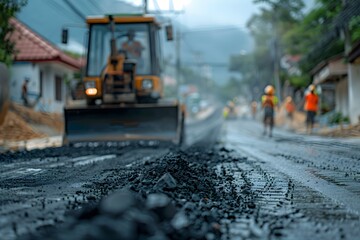 Road Construction in Progress: Heavy Machinery and Workers at Work