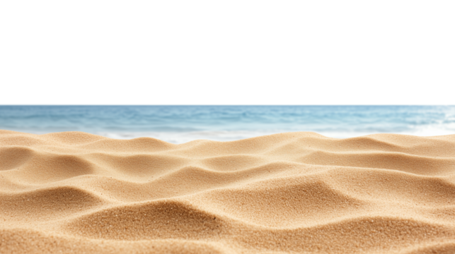 sandy beach with blue white foam waves isolated on transparent background