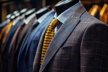 A row of mannequins wearing tailored suits in various colors and patterns