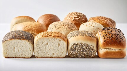 A selection of freshly baked rolls, including white, whole wheat, and seeded varieties, are arranged in a neat row on a plain white surface. The rolls are slightly angled, showing their different