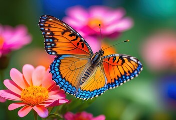 Fototapeta premium vibrant butterfly wings resting colorful flower petals lush garden setting, pollinator, nature, insect, flora, blossom, bright, delicate, beauty, leaves