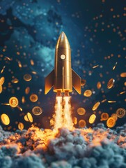 Fototapeta premium Rocket Taking Off From Cloud of Coins