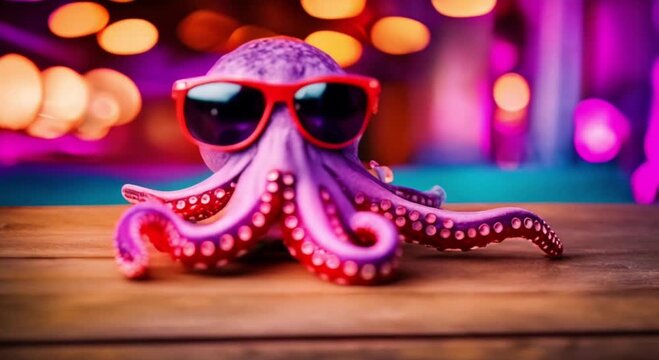 cute octopus wearing sunglasses on a bright colorful background
