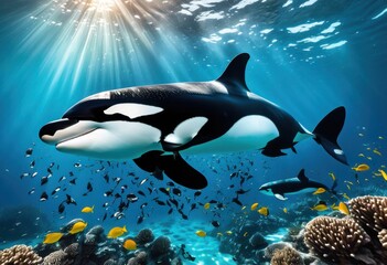 vibrant underwater footage showcasing orca pods swimming gracefully through crystal clear waters, video, colorful, marine, wildlife, ocean, aquatic, nature