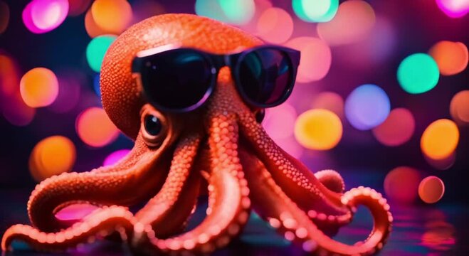 funny octopus wearing sunglasses on a bright colorful background