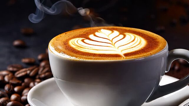 Hot cappuccino with latte art on wooden table with coffee beans and steam
