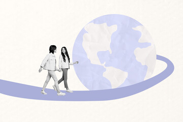Composite trend artwork image photo collage of couple friends young lady guy walk together line route way travel planet earth global world