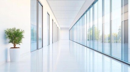 Fototapeta premium Clear glass windows in a spacious hallway, clear glass windows, flooding the corridor with natural light