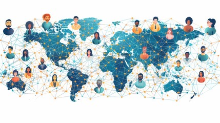Global network of scientists connected by digital lines and world map cartoon Vector Illustration
