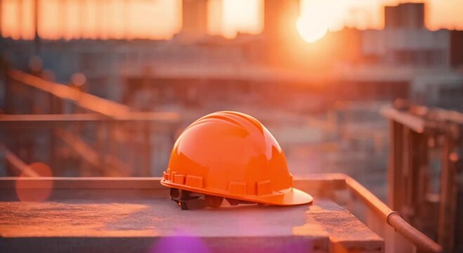 orange safety helmet on a blurred construction site at sunset