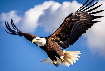 Fototapeta premium majestic bald eagle soaring gracefully through vibrant blue sky fluffy white clouds, bird, wildlife, nature, freedom, wings, flight, feathers, horizon