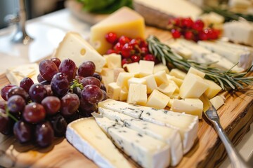 Gourmet Cheese Platter with Grapes, Nuts, and Meats on Wooden Board