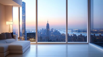 Clear glass windows in a penthouse suite, clear glass windows, luxurious views of the cityscape