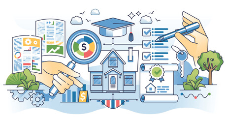 Real estate continuing education and lifelong learning outline hands concept. Study market tendencies in housing market vector illustration. House purchase agent lifelong study about actual trends.