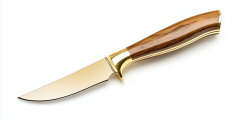 A gold steak knife with a wooden handle, isolated on a white background. A sharp golden carving blade.