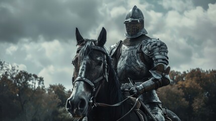 Fototapeta premium A armored warrior rides a horse through a cloudy landscape, embodying strength and valor in a historical setting