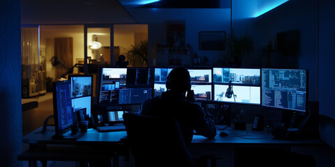 A silhouette of a man monitoring many screens at night - AI and technology to track and run surveilance - wearing a headset, male, special ops, secret operation