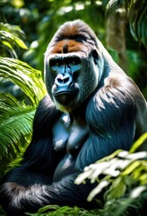 Fototapeta premium majestic gorilla surrounded vibrant greenery lush jungle habitat dense foliage exotic plants, wildlife, forest, flora, fauna, ecosystem, landscape, trees