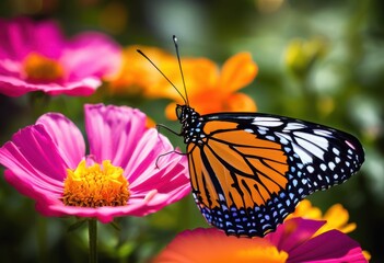 Fototapeta premium stunning colorful butterfly wings resting vibrant flower petals showcasing beauty intricate patterns, nature, insect, flora, macro, closeup, garden, life, design