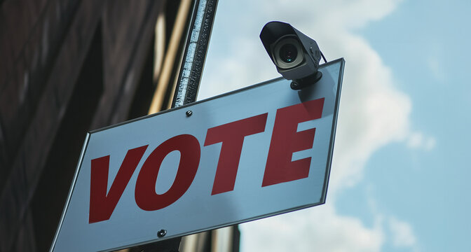 Voting security and surveillance image - a sign reads Vote in front of a polling station, a monitoring camera device is mounted on the sign, serving as a metaphor for election fraud concerns