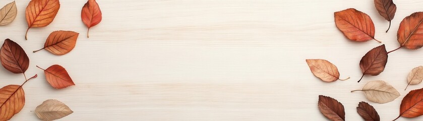 A flat lay of autumn leaves arranged on a wooden surface, creating a warm and inviting atmosphere perfect for seasonal projects.