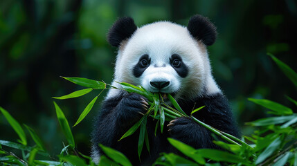 Fototapeta premium A cute panda munching on bamboo in a lush, green forest, showcasing its playful nature and vibrant habitat.