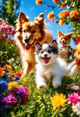 Obraz premium energetic pets playing colorful environment full life joy, dog, cat, animal, fun, activity, energy, vibrant, garden, outdoor, indoor, scene, movement