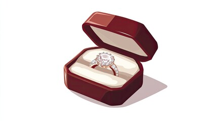 A gold ring with a large diamond stone is placed inside an open red velvet box.