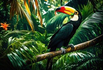 vibrant jungle animals surrounded lush greenery dense foliage lively tropical environment, wildlife, nature, plants, leaves, habitat, rainforest, exotic