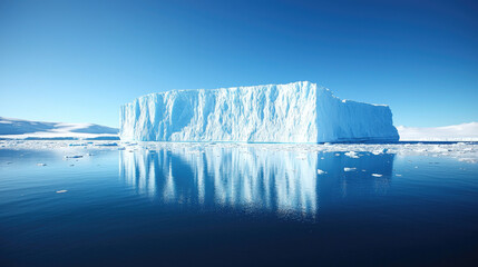A stunning icy landscape featuring a massive iceberg reflecting in calm blue waters under a clear sky.