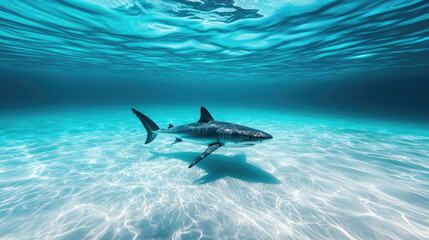 Obraz premium A stunning underwater view of a shark swimming gracefully through crystal clear waters, showcasing marine beauty.