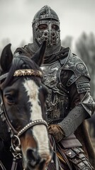 Fototapeta premium The armored warrior sits confidently on a horse, ready for a journey through a misty environment