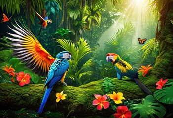 Fototapeta premium vibrant jungle ecosystem featuring rich diversity animal species amidst lush greenery colorful flora, habitat, wildlife, tropical, rainforest, fauna, plants