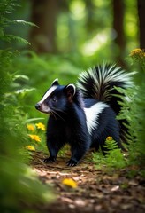 Naklejka premium vibrant forest scene showcasing skunk amidst lush greenery colorful flora, animal, fauna, wildlife, trees, plants, landscape, scenery, outdoor, vegetation