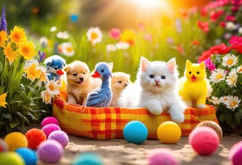 Obraz premium vibrant pets engaging playfully colorful toys accessories lively environment, animals, gear, interactive, fun, activity, companions, entertainment, bright
