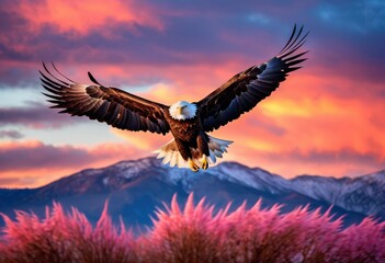 Fototapeta premium majestic bald eagle soaring through breathtaking skies graceful wings vibrant clouds, bird, sky, nature, wildlife, flight, feathers, freedom, beauty, blue