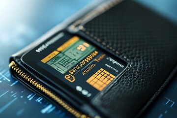 Close-up of a digital wallet displaying financial data on a sleek technology background, showcasing modern monetary management.