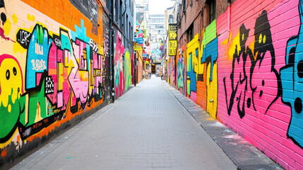 Fototapeta premium Vibrant graffiti street art brings color to an urban alleyway, showcasing creativity and culture in a lively setting.