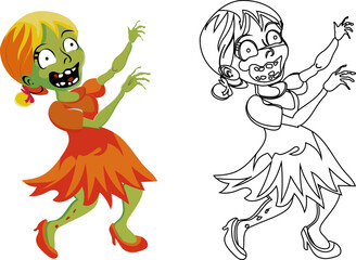 Cheerful smiling creepy dead zombie girl. Line and vector illustrations for children's coloring book and book