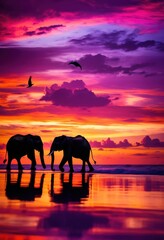 Fototapeta premium vibrant sunset silhouetting vivid animal shapes colorful sky, silhouette, colors, landscape, dusk, horizon, wildlife, outline, light, orange, hues, pink